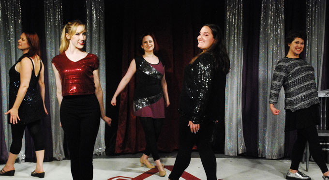 Abby Dorn, Kara Hancock, Joyce Patrone, Katie Haught, and Britt Kline in Silver and Boyd's A . . . My Name is Alice.